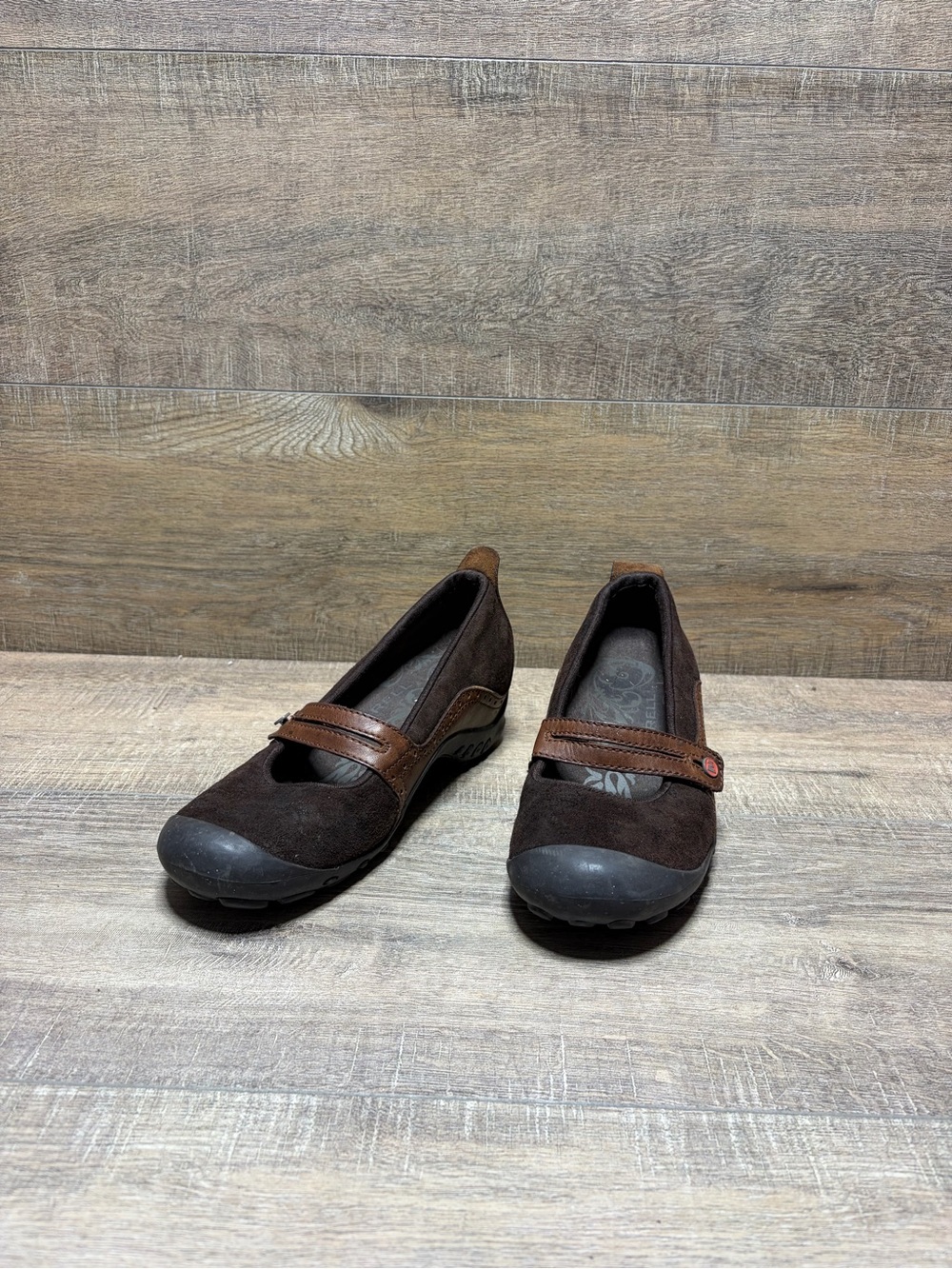 Merrell Women's Dark Brown Suede Mary Jane Athletic Flats with Tan Strap